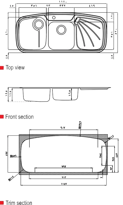 ابعاد سینک استیل البرز مدل 614/52